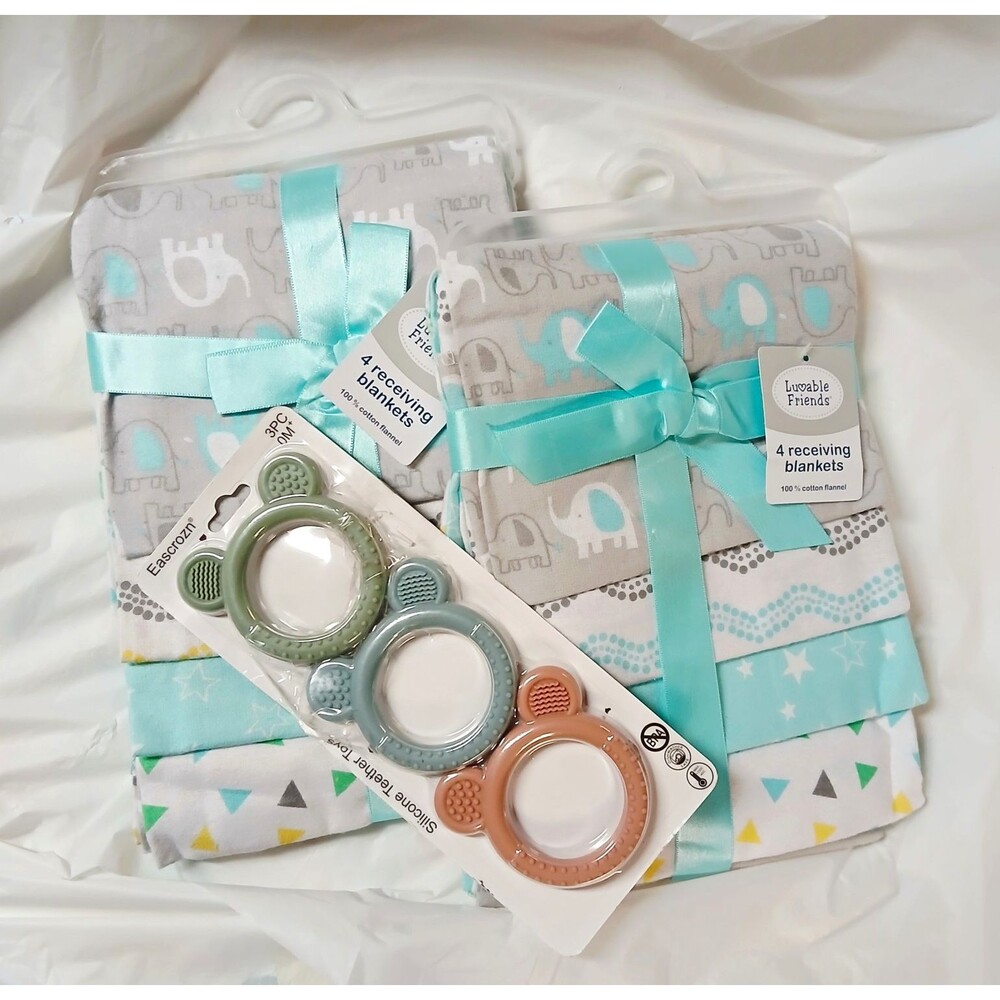 8 Receiving Blankets Cotton Flannel Elephant Gray Blue White. Pack of 3 Teethers